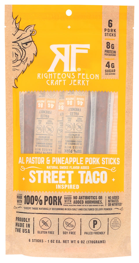 Righteous Felon Craft Jerky Stk Prk St Tco Pnapl 6Pk, 6 OZ.