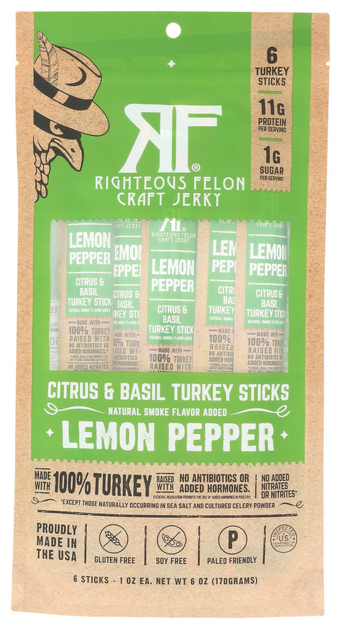 Righteous Felon Craft Jerky Stck Trk Lmn Bsl Ppr 6Pk, 6 OZ.
