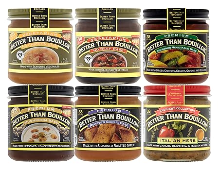Better Than Bouillon All Vegetarian Base Variety Pack, 1 No Chicken Base, 1 No Beef Base, 1 Seasoned Vegetable Base, 1 Mushroom Base, 1 Roasted Garlic Base, 1 Italian Herb Base, 8 oz Jars (Pack of 6)