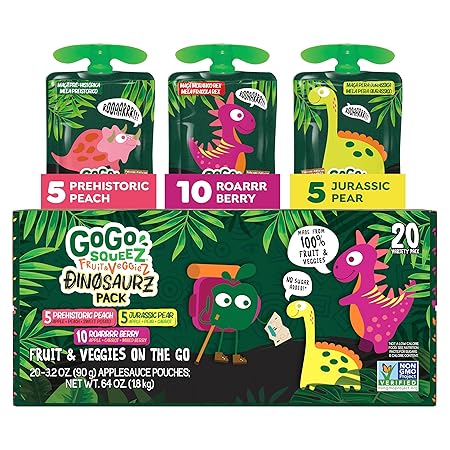 GoGo squeeZ Fruit & veggieZ Applesauce and Puree Variety Pack, Jurassic Pear, Roarrrr Berry & Prehistoric Peach, 3.2 oz (Pack of 20), Unsweetened Snacks for Kids, BPA Free Pouches