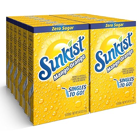 Sunkist Soda Mango Orange Singles To Go Drink Mix, 12 Boxes with 6 Packets Each - 72 Total Servings