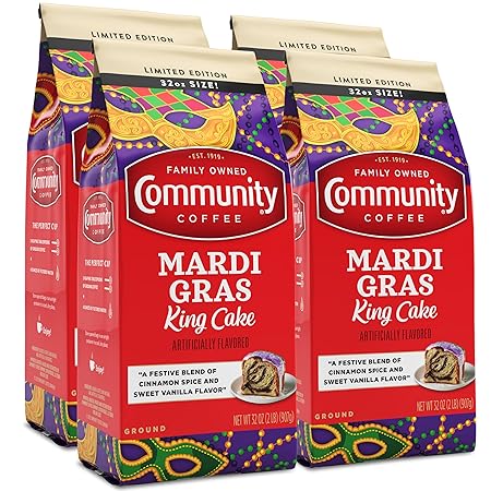 Community Coffee Mardi Gras King Cake Flavored Medium Roast Ground Coffee, 32 Ounce Bag (Pack Of 4)