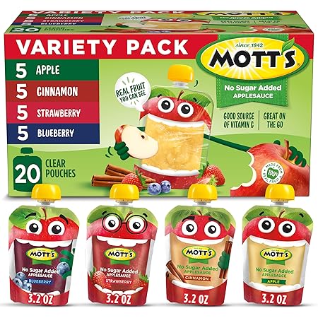 Mott's No Sugar Added Applesauce Variety Pack, 4 Flavors – Apple, Strawberry, Cinnamon & Blueberry, Made from Real Fruit, No Artificial Flavors, 3.2 Clear Pouches, 20 Pack