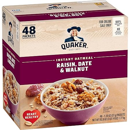 Quaker Instant Oatmeal, Raisin, Date and Walnut, Individual Packets, 1.30 Ounce (Pack of 48)