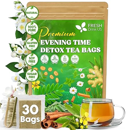 FreshDrinkUS, Evening Time Detox Herbal Tea – 30 Tea Bags – Caffeine-Free Blend with Senna, Peppermint, Chamomile, Licorice, Ginger, Reishi Mushroom – Relaxing Herbal Infusion – Non-GMO & Natural