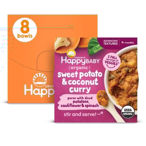 Happy Baby Organics Organics Advancing Texture Bowls, Sweet Potato & Coconut Curry Puree with Diced Potatoes, Cauliflower & Spinach Baby Food Bowl, 4 oz