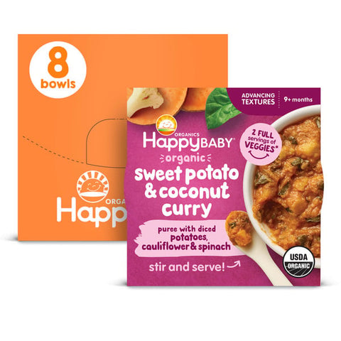 Happy Baby Organics Organics Advancing Texture Bowls, Sweet Potato & Coconut Curry Puree with Diced Potatoes, Cauliflower & Spinach Baby Food Bowl, 4 oz