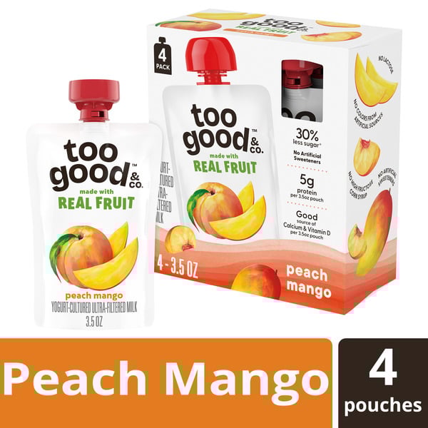 Too Good & Co. Peach Mango Yogurt-Cultured Ultra-Filtered Milk Pouches, Portable Kids Snacks Made with Real Fruit, 3.5 oz, 4 Count