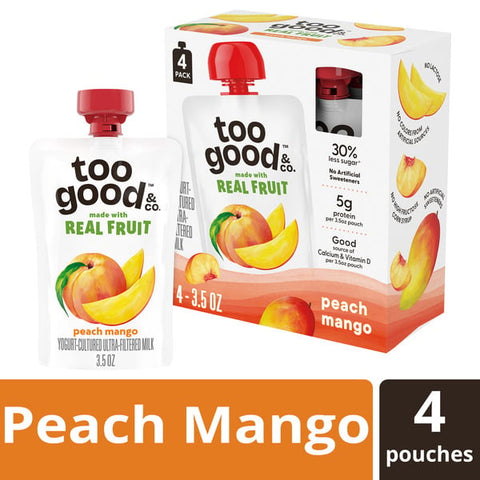 Too Good & Co. Peach Mango Yogurt-Cultured Ultra-Filtered Milk Pouches, Portable Kids Snacks Made with Real Fruit, 3.5 oz, 4 Count