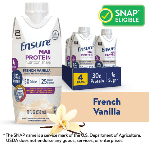 Ensure Max Protein Nutrition Shake, French Vanilla, 30g Protein, 11 fl oz, 4 Pack