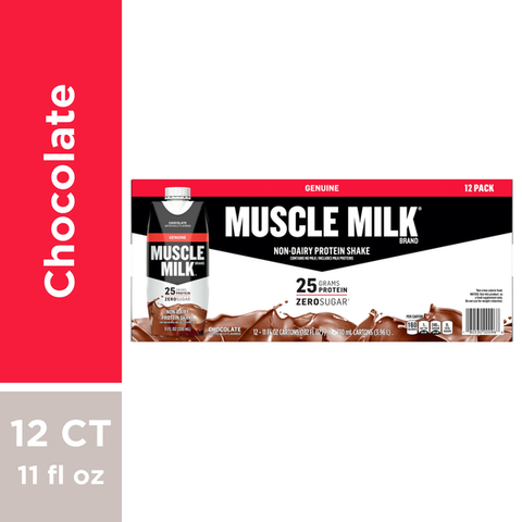 MUSCLE MILK Protein Shake, Zero Sugar, Chocolate, Genuine, 12 Pack