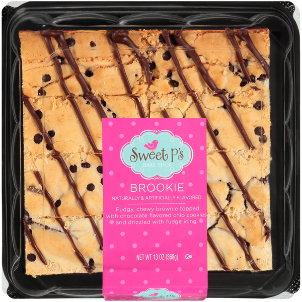 Sweet P's Brookie Fudgy, Chewy Brownie Topped With Chocolate Flavored Chip Cookies And Drizzled With Fudge Icing.