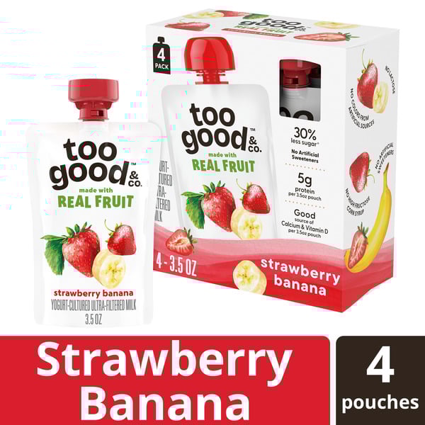 Too Good & Co. Strawberry Banana Yogurt-Cultured Ultra-Filtered Milk Pouches, Portable Kids Snacks Made with Real Fruit, 3.5 oz, 4 Count