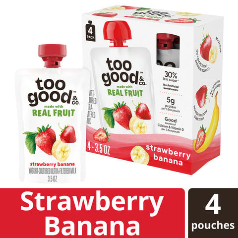 Too Good & Co. Strawberry Banana Yogurt-Cultured Ultra-Filtered Milk Pouches, Portable Kids Snacks Made with Real Fruit, 3.5 oz, 4 Count