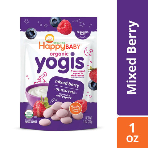 Happy Baby Organics Organics Baby Snacks, Yogis, Freeze Dried Yogurt & Fruit Snacks, Gluten Free Snack for Babies 9+ Months, Mixed Berry, 1 Ounce (Pack of 1)