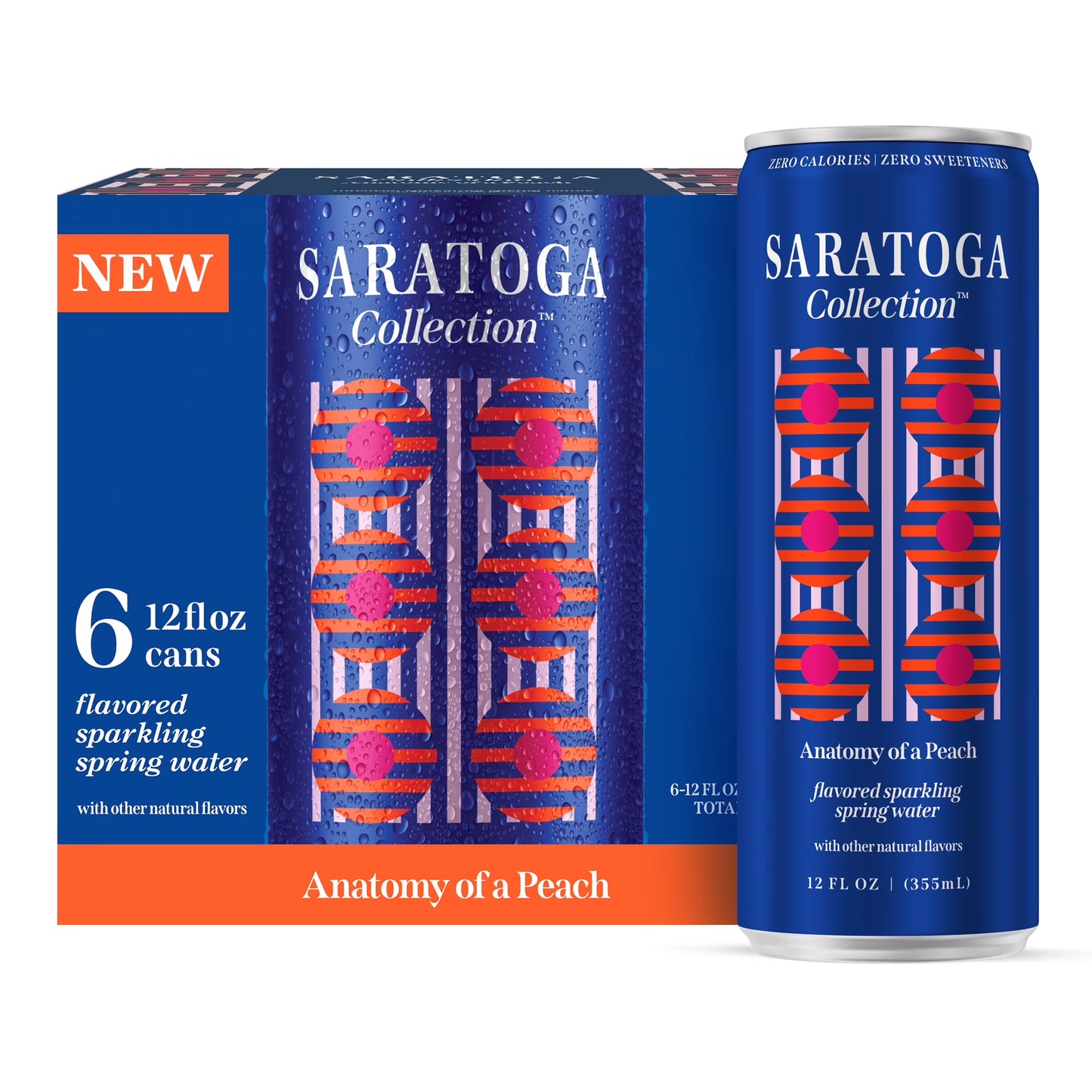 Saratoga Collection, Peach Flavored Sparkling Water, Anatomy of a Peach, 12 fl oz, 6 Pack Cans